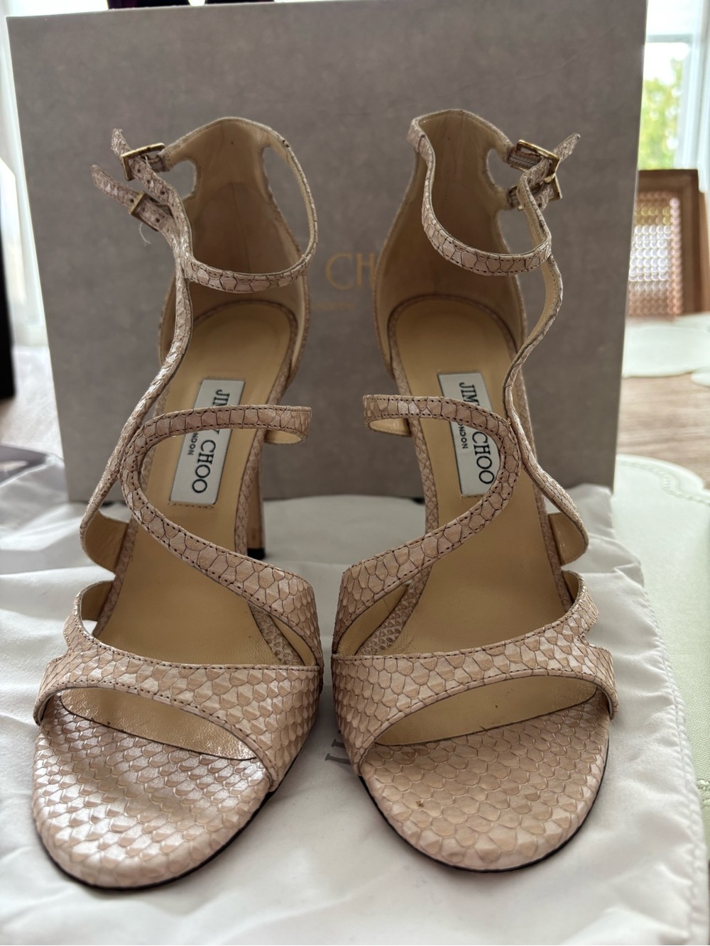 Jimmy Choo Blush Snake-Embossed Strappy High Heel Sandals
